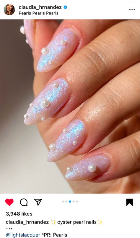 Metallic Pearl Nails, Spring Nails With Pearls, Nail Inspo Iridescent, Nail Designs With Pearls Bling, Pearlescent Nail Designs, Purple Nails With Pearls, Pearly Nails Acrylic, Pearl Swirl Nails, Chappell Roan Nails