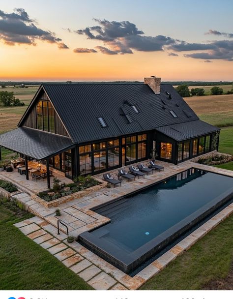 Barndo With Pool, Barndominium Great Room, House On Pond, Black Barndominium Ideas, Barn House Design, Barn Style House Plans, Dream Life House, Farmhouse Style House Plans, Modern Farmhouse Exterior