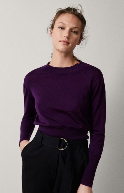 Massimo Dutti Deep Purple Woolen Sweater Purple Sweater Outfit, French Capsule Wardrobe, Plain Sweaters, Gamine Style, Woolen Sweaters, Purple Outfits, Purple Sweater, Colour Combinations, Massimo Dutti