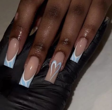 follow for more! Cute Nails Acrylic Light Blue, Short Acrylic Nails Designs Blue, Baby Blue And White Nails, Nails For December, Blue Nail Inspo Acrylic, Nails Blue Design, Blue Square Acrylic Nails, Baby Blue Nails Ideas, Blue And White Nail Designs