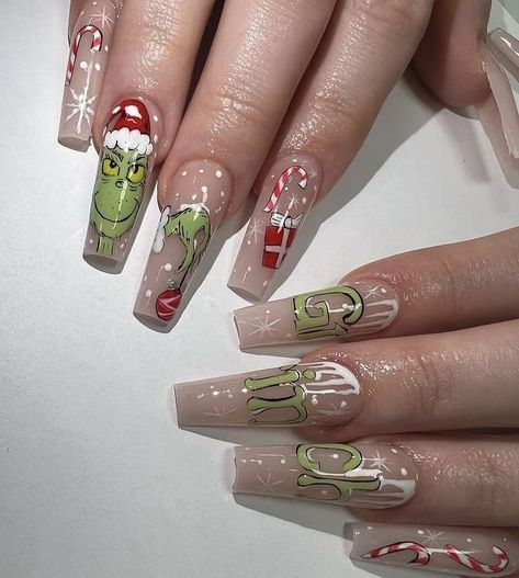 24 Awesome Grinch Nail Art Designs 2023 For Beginners 22 Grinch Nail Art, Grinch Nails, Christmas Gift Nails, Nail Art Noel, New Years Nail Designs, Nail Designs Ideas, Christmas Manicure, Gel Nail Art Designs, Cute Christmas Nails