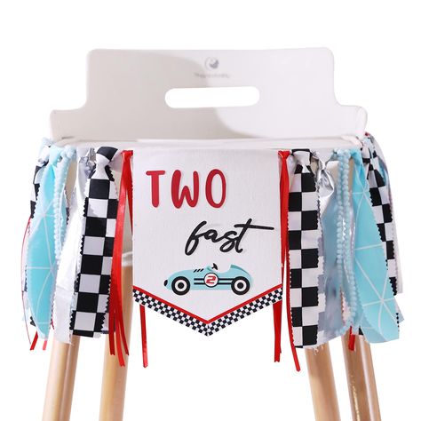 Retro Race Car, Car Theme Birthday, Theme Birthday Decoration, Race Car Party Decorations, Two Fast Birthday, Race Car Themes, Birthday Highchair, Race Car Birthday Party, Car Theme