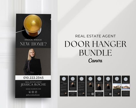 "Luxury black real estate door hanger bundle of 8 customisable templates for neighbor farming. Stand out in your neighborhood with a luxury presence and keep clients up to date with new listings. Canva is an easy-to-use platform for customising templates. Edit text, colours, fonts, and images all on Canva. ✩TEMPLATE INCLUDES✩ * 8 Door Hanger Templates (4.25\" x 11\") * Hello Neighbor Door Hanger Template * For Sale Door Hanger Template * Just Listed Door Hanger Template ✩ WHAT'S EDITABLE? ✩ ✓ Colors ✓ Fonts ✓ Content ✓ Photos ✓ Add Logo ✩ HOW TO USE ✩ 1. Once purchased, you will receive a PDF with a link to open the templates with Canva. This PDF will be emailed to you and will also be available on your accounts: www.etsy.com/your/purchases 2. Click the link (button) in the PDF which will Door Hangers Real Estate, Door Hanger Real Estate, Real Estate Door Hanger, Door Hangers Real Estate Marketing, Realtor Door Hangers Marketing, Real Estate Door Knocking Ideas, Door Knocking Ideas For Realtors, Real Estate Door Hangers Ideas, Realtor Aesthetic