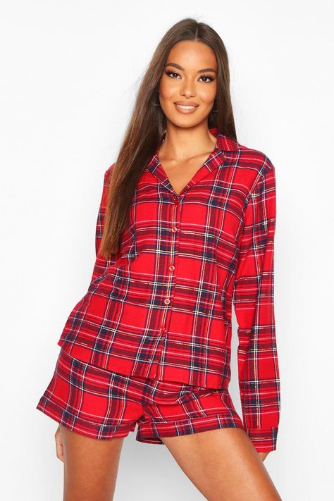 Brushed Check Long Sleeve PJ Short Set #AFF, , #Ad, #Aff, #Long, #Sleeve, #Set, #Check Pj Shorts Set, Flannel Shorts, Womens Christmas Pajamas, Xmas Pajamas, Matching Family Christmas Pajamas, Christmas Pj, Luxe Loungewear, Christmas Flannel, Pj Shorts