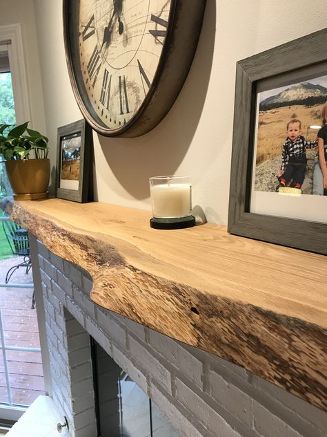 Live edge fireplace mantel Raw Edge Mantle Living Rooms, Live Edge Shelf Living Room, Living Edge Fireplace Mantel, Live Edge Mantle With Shiplap, Fireplace Live Edge, Live Wood Mantle, Wall Mantel Shelf, Slate Fireplace With Wood Mantel, Things To Do With Live Edge Wood