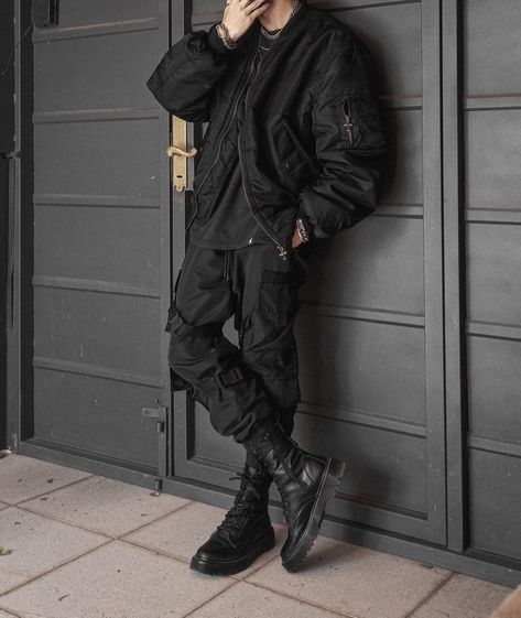 Techwear, Streetwear, Bomber Jacket, Jacket, Cargo Pants, Tech Pants, Emo, Black, Dark, Outfit, Black Outfit, All Black Outfit, Future, Futuristic, Darkwear, Cyberpunk, Chains, Eboy, Anime Boy, Kpop, Fashion, Streetstyle, Techno, Aesthetic, Photography, Urban, Urban Style, Boots, Combat Boots, cyberpunk edgerunners, edgerunners Men Dark Style, Techwear Pants Outfit, Dark Japanese Street Fashion, Mens Black Jean Jacket, Cool Black Outfits Men, Men Outfits Techwear, Mens Techwear Aesthetic, Tech Wear Street Style, Masc Techwear Outfits