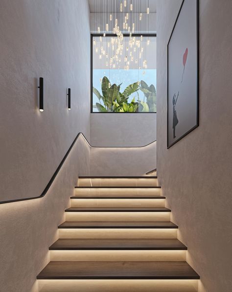 Staircase Design Minimalist, Led Lights Staircase, Stair Case Ideas, Staircase Light, Staircase Lighting Ideas, Steel Staircase, درج السلم, Modern Stair Railing, Mind Design