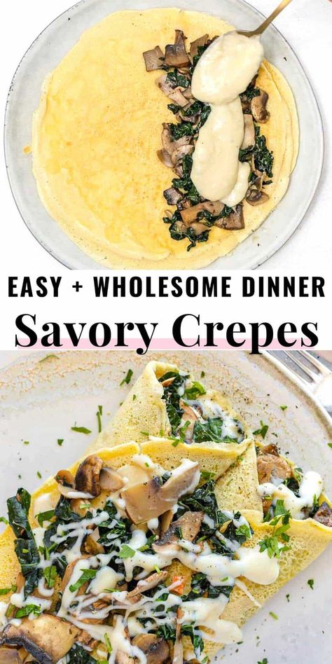 Our savory crepes recipe with chickpea flour is delicious and easy to make, perfect when you feel like eating something special.These savory pancakes are wholesome, nutritious, and stuffed with a mushroom and kale filling, and garnished with a quick and tasty white sauce. Savory Crepes Recipe, Crepe Recipe Filling, Savory Crepes Filling, Pancake Fillings, Healthy Crepes, Crepe Recipe Savory, Vegetarian Pancakes, Vegan Crepes, Plant Based School