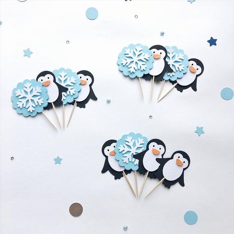 Penguin Cupcake Toppers Blue Penguin Boy Baby Shower Snowflake | Etsy Penguin Cupcakes, 60th Birthday Banner, Penguin Theme, Onederland Party, Penguin Birthday, Winter Onederland Party, 16 Birthday Cake, Highchair Banner, Oh What Fun