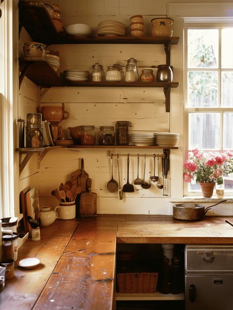 25 Cozy Farmhouse Kitchen Ideas for That Rustic Feel Rustic Kitchen Organization, Old Country Kitchen Ideas, Primitive Rustic Kitchen, Kitchen Side Table Ideas, True Farmhouse Kitchen, Butcher Block Countertops On Wood Cabinets, Rustic Shaker Kitchen, Vintage Kitchen Storage Ideas, Diy Cabin Kitchen