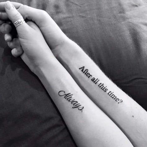 17 Literary Tattoos That Will Remind You Why You Love Books | Playbuzz Book Quotes Tattoo, Harry Potter Quotes Tattoo, Couple Tattoo Quotes, Harry Potter Couples, Couple Tattoos Love, Partner Tattoos, Best Couple Tattoos, Cute Couple Tattoos, Couple Tattoos Unique