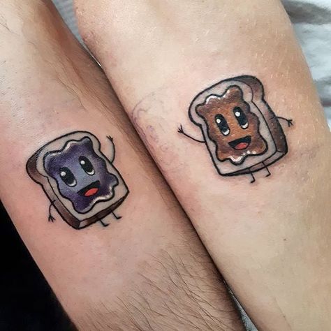 Peanut Butter and Jelly Peanut Butter And Jelly Tattoo, Jelly Tattoo, Lace Bow Tattoos, Donut Tattoo, Matching Bff Tattoos, Anniversary Tattoo, J Tattoo, Brother Tattoos, Matching Best Friend Tattoos