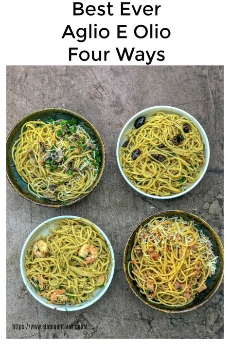 I love Aglio E Olio! It is extremely simple and so versatile and here is a post that makes Best Ever Aglio E Olio Four Ways. A post you want to bookmark.  via @monikamanchanda  #sinamon #pasta #dinner #dinnerrecipes Aglio E Olio Recipes, Aglio E Olio Recipe, Best Olive Oil, Aglio E Olio, Best Pasta, Aglio Olio, Awesome Recipes, Mouthwatering Recipes, Favourite Food