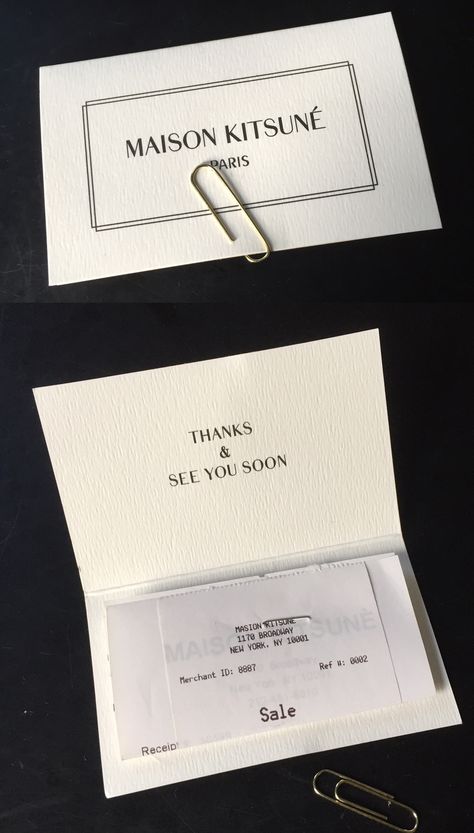 Maison Kitsune - receipt thank you card Thank You Card Luxury Brand, Luxury Thank You Card, Brand Thank You Card, Luxury Clothing Packaging, Invitation Envelope Design, Luxury Packaging Ideas, Receipt Envelope, Fashion Show Invitation, Clothing Packaging