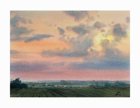 Andy Evansen,  "Country Sunset" Dusk Watercolor, Watercolor Sunsets, Watercolour Sunset, Andy Evansen, Country Sunset, Composition Painting, Mediums Of Art, Watercolor Sky, Book Cover Illustration