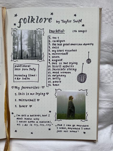 2024 Journal Page Ideas, Journal Ideas Aesthetic Drawing, Journaling 2024 Ideas, Journal Girl Aesthetic, Music Page Journal, Folklore Journal Page, Journaling Pages Aesthetic, Journal 2024 Ideas, Concert Journal Ideas