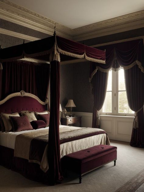 Create a mesmerizing dark castle aesthetic in your bedroom with luxurious velvet curtains and a grand four-poster bed. Add antique candle holders and gothic-inspired wall art to accentuate the dramatic ambiance. Dark Castle Bedroom, Poster Bed With Curtains, Bedroom Four Poster Bed, Four Poster Bed With Curtains, Dark Castle Aesthetic, Burgundy Bedroom Ideas, Burgundy Bedroom, Antique Candle Holders, Hippie Bedroom Decor