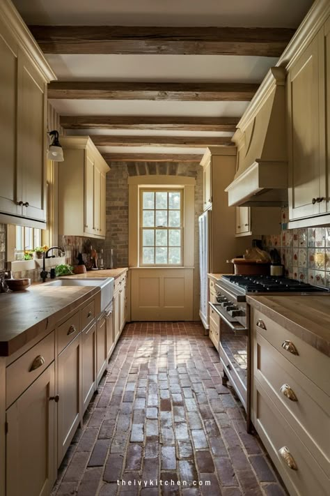 Rustic kitchen with wooden beams, cream cabinets, brick flooring, and a large window. Small Narrow Kitchens, Cottage Style Galley Kitchen, Kitchen Alley Design, Farm Galley Kitchen, Country Galley Kitchen Farmhouse Style, Galley Kitchen Cottage, Natural Wood Galley Kitchen, Farmhouse Kitchen Galley, Galley Kitchen Extension