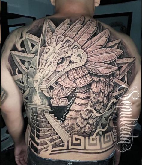 Full back Quetzalcoatl and Pyramid Tattoo Zapotec Tattoo, Aztec Pyramid Tattoo Design, Aztec Pyramid Tattoo, Quetzalcoatl Art, Quetzalcoatl Tattoo, Eclipse Tattoo, Pyramid Tattoo, Tattoos And Their Meanings, Aztec Pyramids