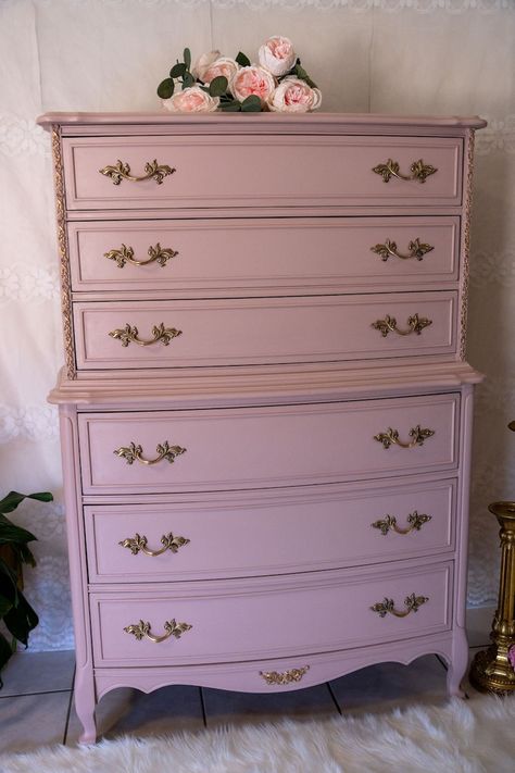 Blush Pink Distressed Dresser, Vintage Pink Dressers, 3 Drawer Dresser Pink, Ponk Dresser, Chest Of Drawers Makeover, Girl Dresser, Pink Dresser, Dresser Refinish, Coquette Chest Of Drawers