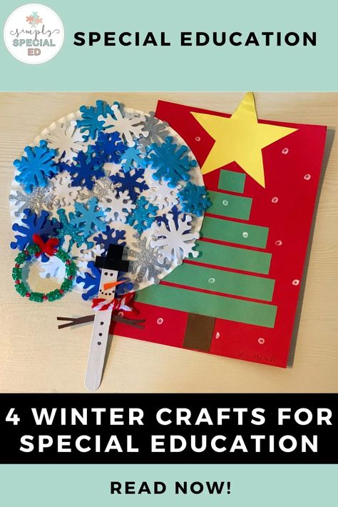 Are you looking for some fun winter crafts for your special education classroom? Crafts are so good to keep my students engaged throughout the holidays as well as focus on learning goals and fine motor skills. Here are 4 winter crafts to use in your self-contained classroom that are easy to make and low prep. You can make a Christmas tree craft, snowflake craft, bead wreath craft, or snowman craft. All of the craft materials are listed. These budget friendly crafts for kids will be a hit. Christmas Crafts For Special Education, Sped Christmas Crafts, Christmas Craft Special Education, Winter Ela Activities Preschool, Winter Themed Stem Activities, Special Education Christmas Activities, Winter Craft Ideas, Asd Activities, Special Education Reading