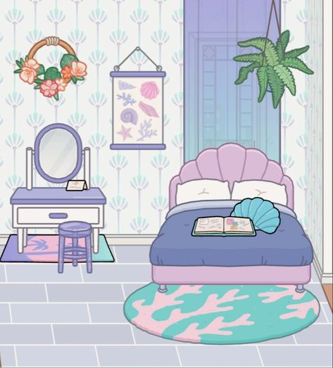 ᕕ( ՞ ᗜ ՞ )ᕗ Toca Boca Mermaid House, Toca Boca Paper Doll House Bedroom, Paper Doll House Bedroom, Paper Doll Bedroom, Bad Room Ideas, Doll House Bedroom, Origami Templates, Disney Paper Dolls, Kawaii Bedroom