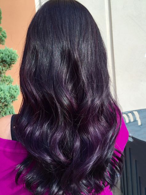 Blackish Purple Hair, Purple Toned Black Hair, Violet Black Hair Color, Black To Violet Ombre Hair, Dark Violet Vampire Hair Color, Black Fading Into Purple Hair, Dark Purple Almost Black Hair, Dark Purple Hair, Plum Hair