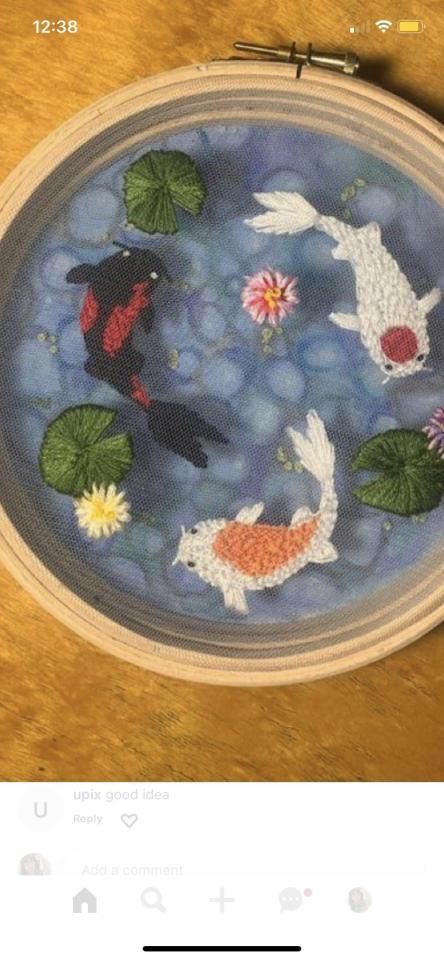 Koi Pond Embroidery, Pond Embroidery, Needle Painting Embroidery, Needle Painting, Embroidery Crafts, Painting Embroidery, Taking A Picture, Embroidery Hoop Wall Art, The Crafts