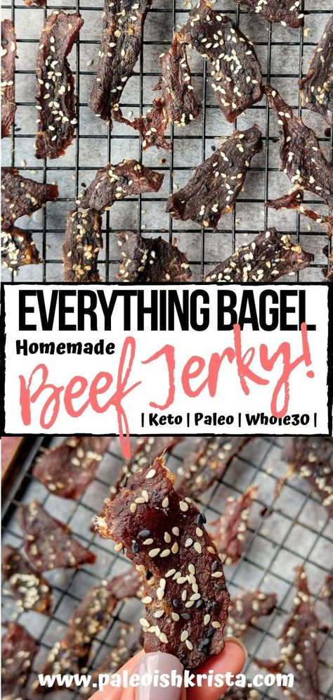 With this simple beef jerky recipe, you'll never buy overpriced store-bought jerky again! This easy recipe calls for just four ingredients to make the absolute BEST Keto, Paleo AND Whole30 jerky straight from the oven! No dehydrator necessary! | #paleoishkrista #beefjerky #keto #paleo #whole30 Keto Beef Jerky Recipe, Bagel Homemade, Simple Beef Jerky Recipe, Beef Jerky Recipe Dehydrator, Venison Dishes, Jerky Recipes Dehydrator, Jerkey Recipes, Smoker Ideas, Homemade Beef Jerky