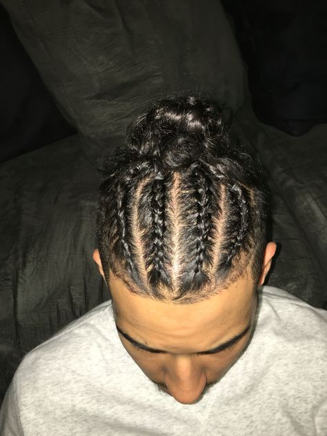 Man bun with braids, top knot Man Bun Short Hair, Braid Top Knot, Bun With Braids, Man Bun Top Knot, Top Knot Men, Bun Short Hair, Man Bun Styles, Braids For Men, Hair Sponge