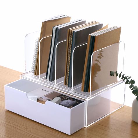 PRICES MAY VARY. 📒【Practical Desk File Folder Holder Organizer】Simplify your workspace with this acrylic desk organizer for desk, featuring a 4-compartment vertical baffle for easy insertion, a convenient drawer for standard letter-size paper files, and hassle-free assembly. Achieve a well-organized office environment effortlessly. 📒【Acrylic Excellence Craftsmanship】Experience superior craftsmanship with a clear acrylic material that provides a warm and delicate feel. The minimalist design add Clear Acrylic Desk Organizer, Organized Desk Ideas, Office Desk Organization Ideas, Professional Office Decorating Ideas, Desk Drawer Organization, Decorate My Office At Work, Acrylic Office Supplies, Desk Drawer Organisation, Work Desk Organization