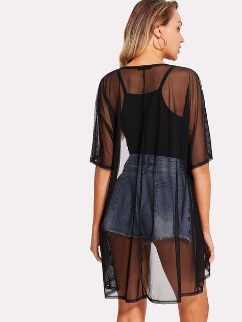 Open Front Sheer Mesh Kimono | SHEIN Hipster Outfits Spring, Mesh Kimono, Kimono Online, Plus Size Kimono, Floral Print Kimono, Sheer Kimono, Hipster Outfits, Cute Looks, Print Kimonos