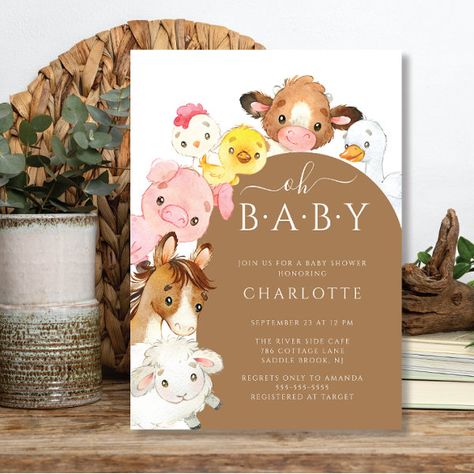 Oh BabyFarm Animals Baby Shower Invitation Baby Shower Arch, Shower Arch, Gender Neutral Invitations, Shower Modern, Invitations Pink, Cow Baby Showers, Farm Baby Shower, Modern Baby Shower Invitations, Animal Baby Shower Invitations