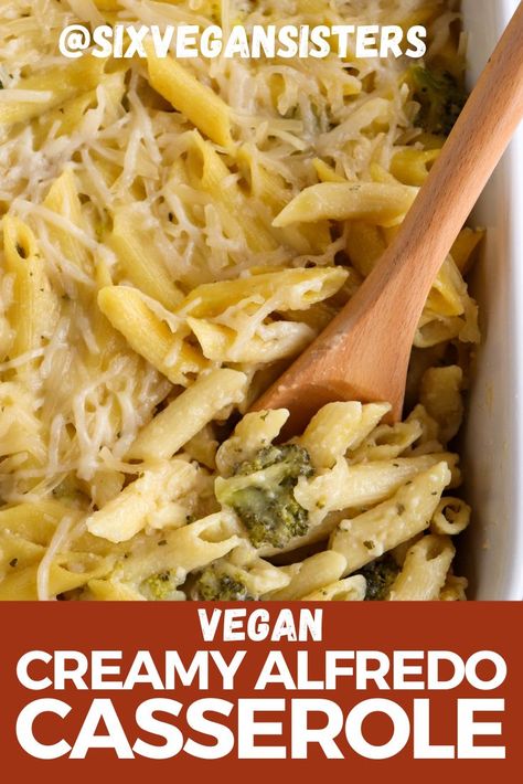 This dish is creamy, cheesy, and baked to perfection! Plus, it's completely vegan. #vegan #vegandinner #veganrecipe #vegetarianrecipe #vegetarianmeals #veganpasta #sixvegansisters Six Vegan Sisters, Alfredo Casserole, Vegan Pasta Dish, Vegan Alfredo, Vegan Casserole, Pasta Casserole, Vegan Main Dishes, Alfredo Pasta, Vegan Pasta