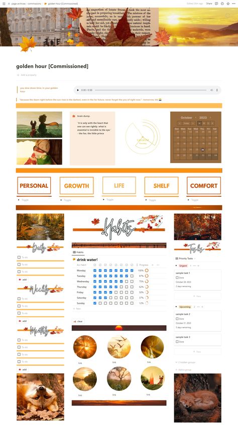 #Autumn_Notion #Fall_Notion #Notion_Dashboard_Template #Productivity_Habits Fall Notion, Notion Dashboard Template, Notion Setup, Productivity Habits, Sunset Theme, Setup Inspiration, Notion Inspo, Notion Ideas, Life Planner Organization