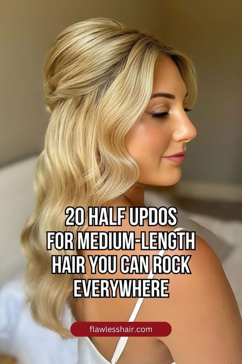 Soft Bridal Half Updo Wedding Hair Medium Length, Blonde Medium Length Hair, Medium Length Blonde Hair, Updos For Medium Length Hair, Wedding Hairstyles Half Up Half Down, Half Updo, Medium Length Hair, Wedding Updo, Long Blonde Hair