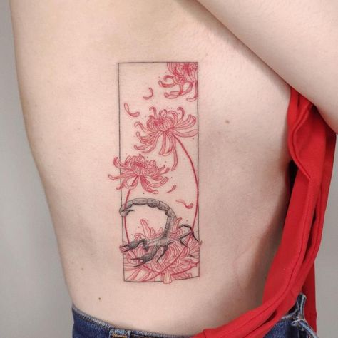 Other Interesting Designs 1 Flower Inspired Tattoos, Red Dandelion Tattoo, Red Ink Scorpion Tattoo, Fashion Inspired Tattoos, Red Asian Tattoo, Healed Red Ink Tattoo, Asian Flower Art, Healed Red Tattoo, Scorpion And Flower Tattoo