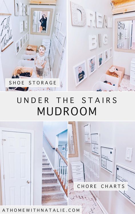 Sharing all the budget friendly details of how we turned our Under the Stairs space into our Mudroom - Chore Charts, shoe storage, sock bins and more! Mudroom Under Stairs Closet, Under Stair Mudroom, Under The Stairs Mudroom, Under Stairs Mudroom Ideas, Under Stairs Mudroom, Stairs Mudroom, Space Under Stairs, Closet Under Stairs, Toddler Play Area