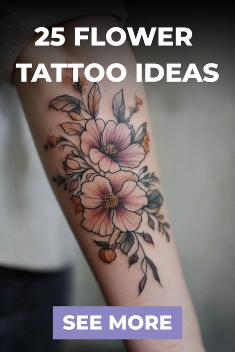 Floral tattoo design on forearm with text "25 Flower Tattoo Ideas" and "See More". Large Flower Tattoos For Women, Bold Flower Tattoo, Blooming Flower Tattoo, Black And Grey Floral Tattoo, Daisy Chain Tattoo, Jasmine Tattoo, Black Flowers Tattoo, Floral Mandala Tattoo, Romantic Tattoo