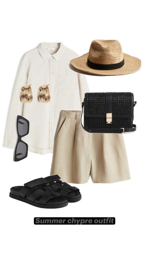 Styling black chypre with linen beige shirt and short for running errand in the city Outfits With Beige Shorts, Summer Beige Shorts For Beach, Summer Style Beige Sun Hat, Fitted Beige Summer Shorts, Beige Summer Beach Shorts, Summer Beige Belted Shorts, Errands Outfit Summer, Errands Outfit, Beige Shirt