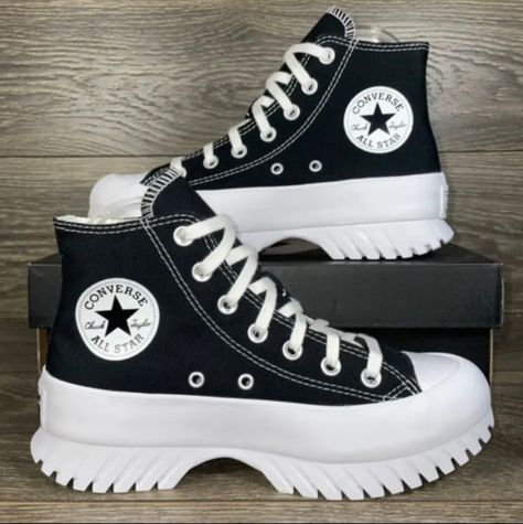 Converse Chuck Taylor Lugged 2.0 Hi Platform Shoes Size 9 Men/11 Women Black-Egret-White Brand New With The Box Non Smoking Home No Pets Add A Little Altitude To Your Attitude With The New Chuck Taylor All Star Hi Lugged Sneaker From Converse! This Lugged Up Chuck Rocks The Same Durable Canvas Know And Love With An Added 2" Platform And Chunky Lug Outsole For Superior Traction And Stability. Converse For Sale, Clubbing Shoes, Converse Lugged, Cute Converse Shoes, Converse Chuck Taylor All Star Lugged, Platform Shoes Sneakers, Chuck Taylor All Star Lugged, All Star Lugged, Chuck Taylor Shoes