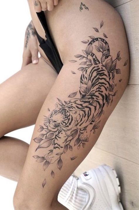 Tiger Tattoo Thigh, Inner Thigh Tattoos, Front Thigh Tattoos, Pelvic Tattoos, Flower Hip Tattoos, Hip Tattoo Designs, Wrap Around Tattoo, Thigh Tat, Simple Tattoos For Women