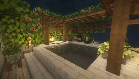 How To Make A Hot Tub In Minecraft, Minecraft Hot Tub Ideas, Minecraft Sauna Ideas, Balcony Minecraft Ideas, Minecraft Jacuzzi, Minecraft Sauna, Minecraft Bathhouse, Minecraft Porch Ideas, Minecraft Hot Springs