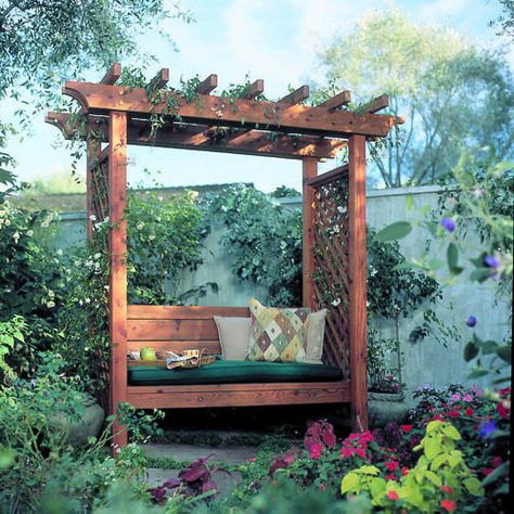 We have a very small yard so I may try this... DIY Garden Arbor Bench Garden Arbor Bench, Backyard Sitting Areas, Diy Arbour, Arbor Bench, Taman Diy, Small Pergola, Pergola Design, Garden Arbor, Garden Wallpaper