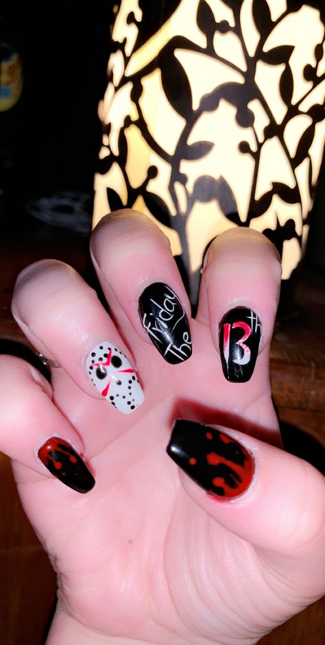 #fridaythe13th #jasonvoorhees #tgif #nails #nailart #halloweennails #spookyseason Friday The 13th Nail Designs, Friday The 13th Nails Acrylic, Friday 13 Nails, Friday 13th Nails, Friday The 13 Nails, Jason Voorhees Nails, Jason Nails Halloween, Horror Themed Nails, Jigsaw Nails