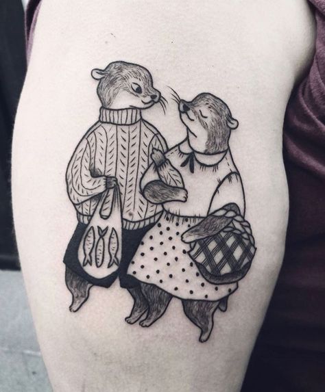 Quirky Animal Tattoo, Illustrative Tattoo Style, Otter Tattoos, Otter Couple, Otter Tattoo, Tattoo Fixes, Rabbit Tattoo, Rabbit Tattoos, Couple Tattoo