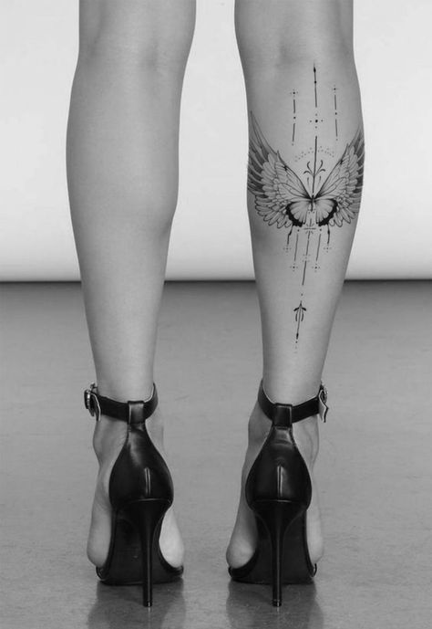 Ladies Calf Tattoo, Butterfly Feather Tattoo, Feminine Calf Tattoos For Women, Upper Calf Tattoo, Unique Calf Tattoos, Tattoo Calf Woman, Calf Butterfly Tattoo, Calf Tattoos For Women Back Of, Behind Calf Tattoo For Women