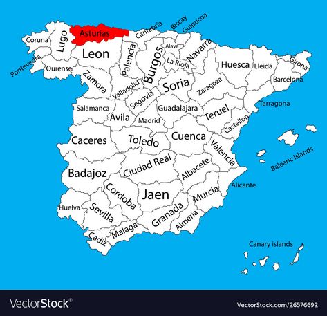 Asturias map, Spain province administrative map, vector image. Valencia Map, Cuenca Spain, Barcelona Map, Rioja Spain, Map Of Spain, Asturias Spain, Area Map, Malaga Spain, Vector Map