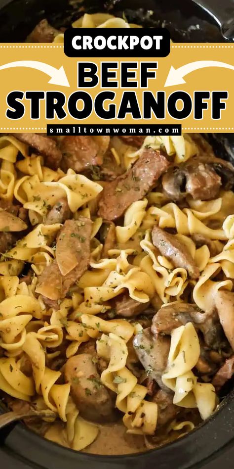 Yummy comfort food at its finest! It doesn't get any better than this easy Crock Pot Stroganoff. Cooked with mushrooms, onions, and garlic in a rich, creamy sour cream sauce, this slow cooker beef stroganoff is a hearty dinner recipe! Beef Strognoff, Crock Pot Stroganoff, Crock Pot Beef Stroganoff, Venison Stroganoff, Crockpot French Onion Soup, Crock Pot Beef Tips, Round Steak Recipes, Beef Stroganoff Crockpot, Crock Pot Beef