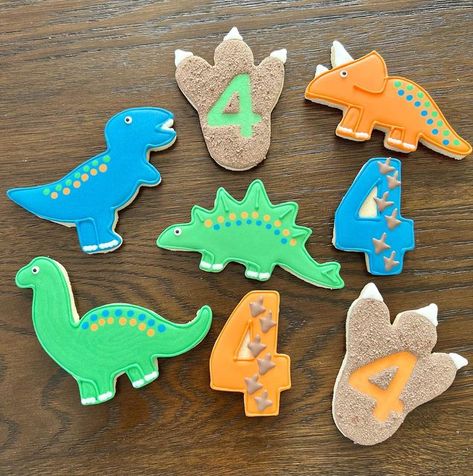 Dino Footprint Cookies, One A Saurus Birthday Cookies, Dinosaur Royal Icing Cookies, Dinosaur Footprint Cookies, Roar I’m 4 Cookies, Dinosaur Iced Cookies, 2nd Birthday Dino Cookies, Dinosaur Sugar Cookies, Dinosaur Print Cookies